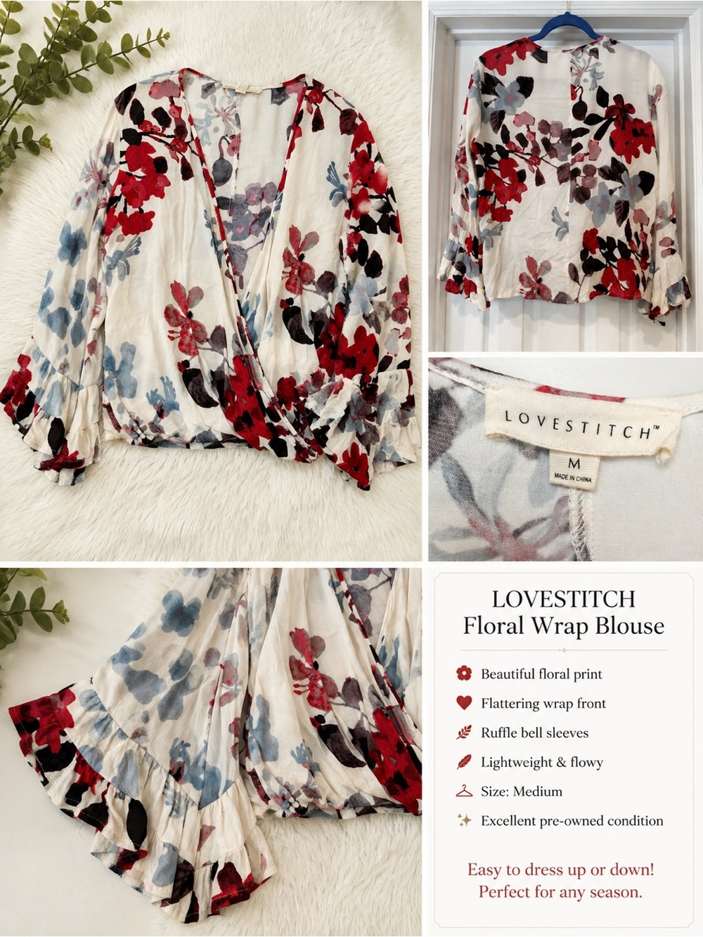 lovestitch Cream Floral Wrap Blouse with Red & Blue Flowers